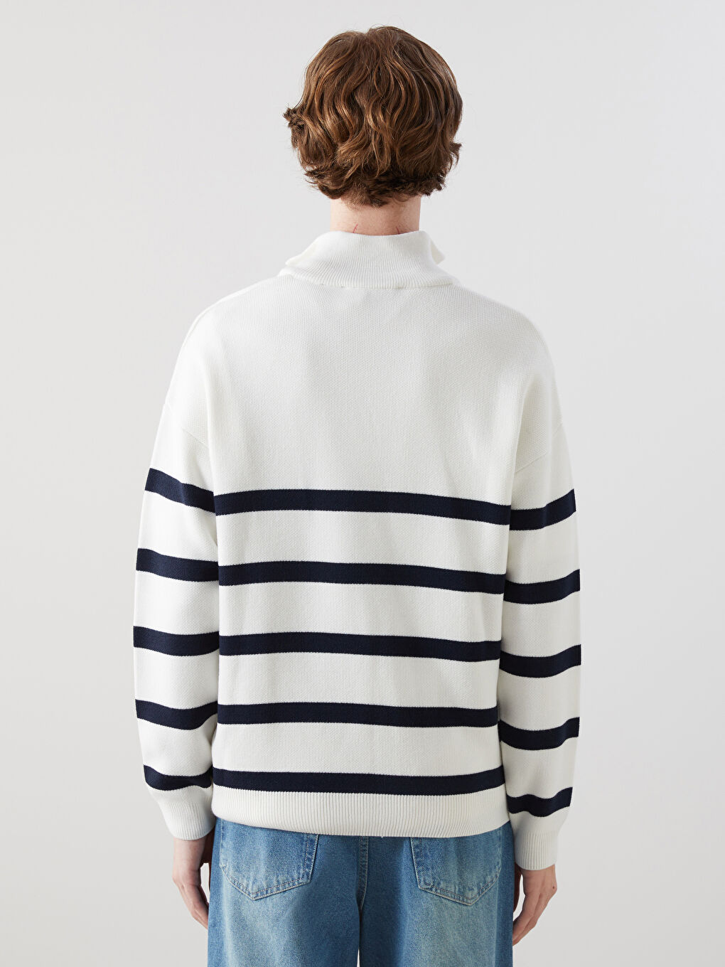 Ekru Dik Yaka Uzun Kollu Çizgili Erkek Triko Kazak-3