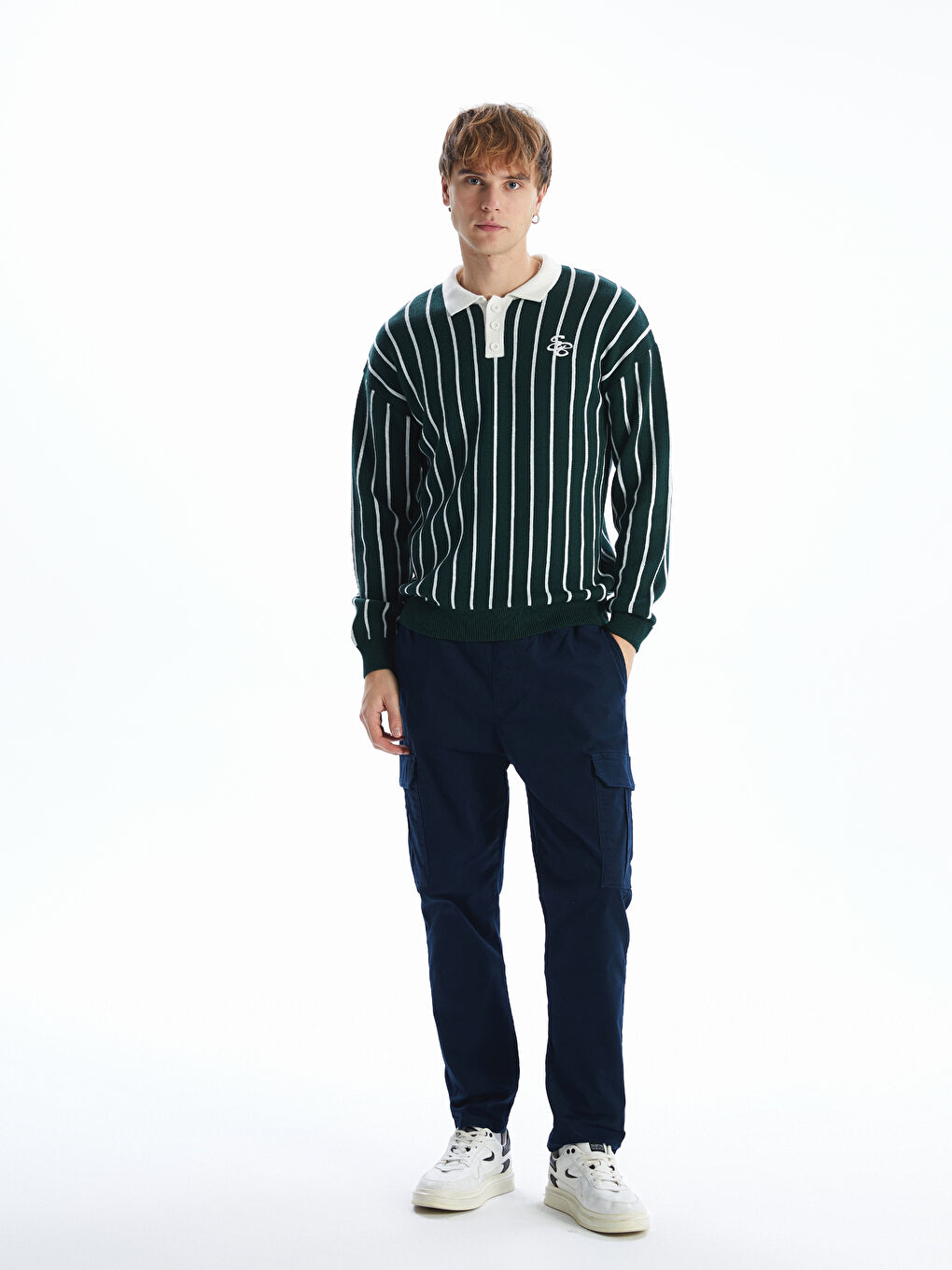 Polo Neck Long Sleeve Striped Men's Knitwear Sweater-3