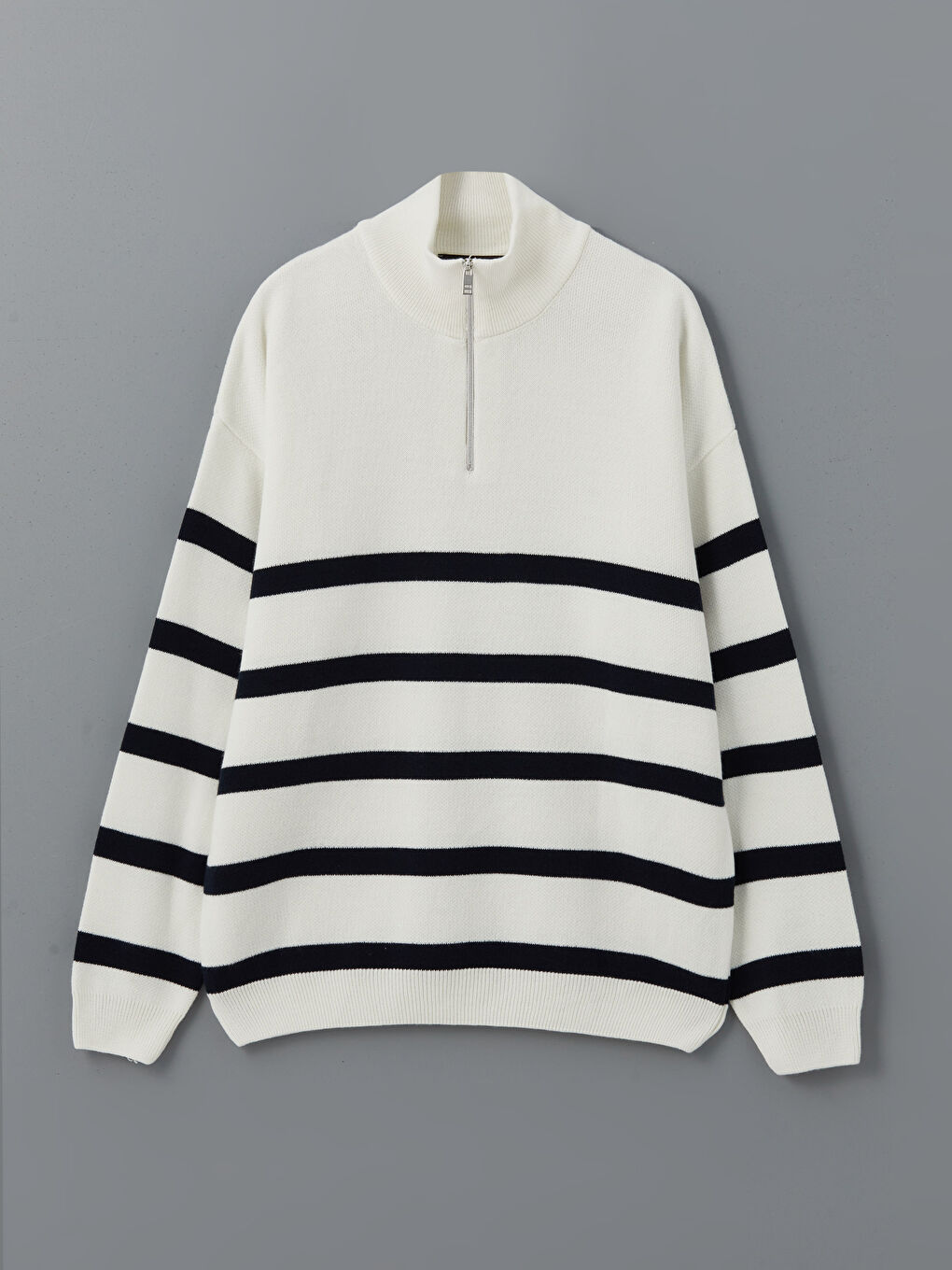 Ekru Fermuarlı Dik Yaka Çizgili Erkek Triko Kazak-6