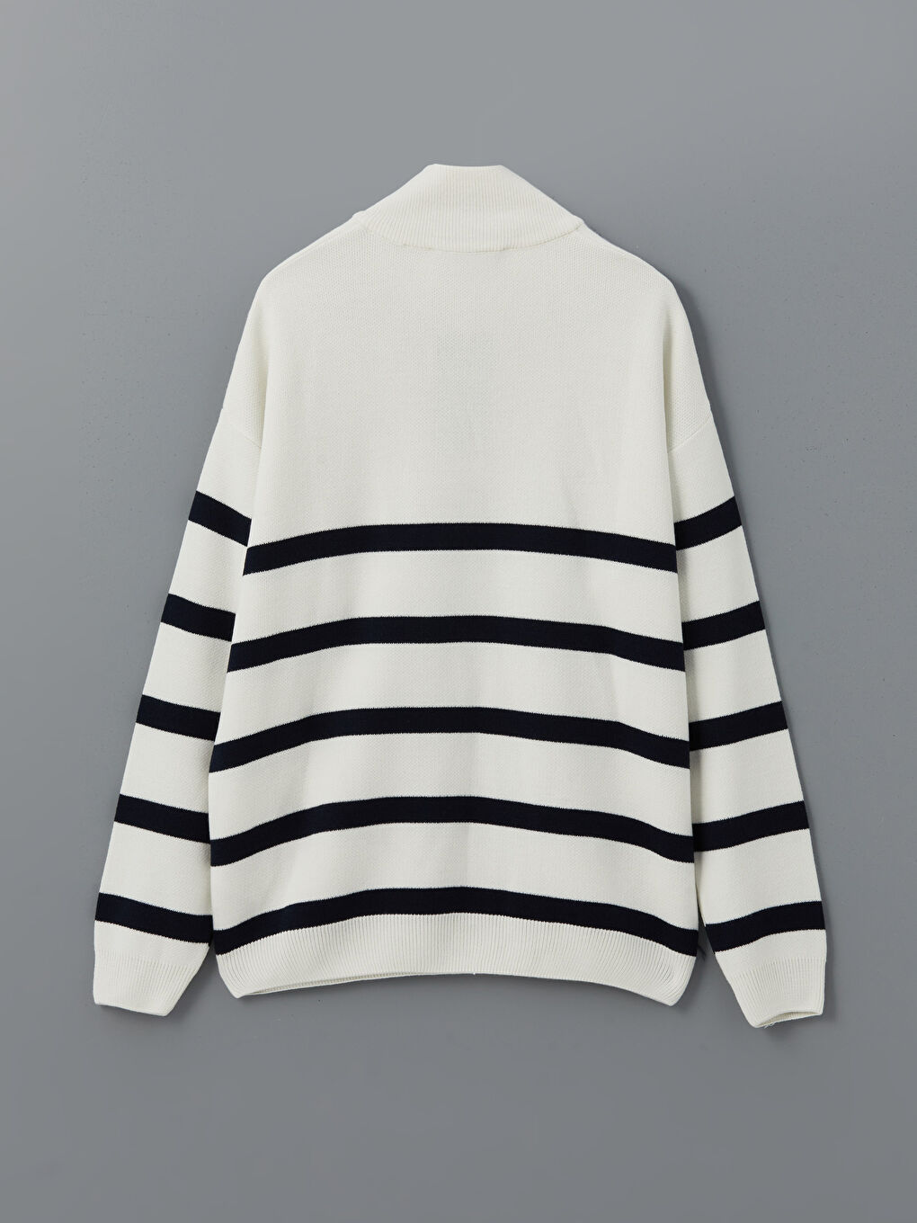 Ekru Fermuarlı Dik Yaka Çizgili Erkek Triko Kazak-7