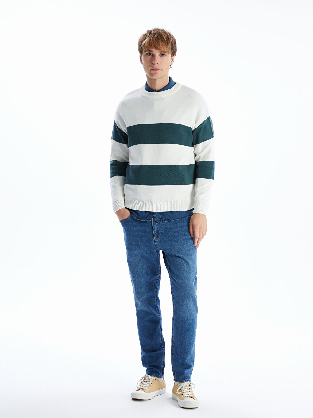 Crew Neck Long Sleeve Striped Men's Knitwear Sweater-3