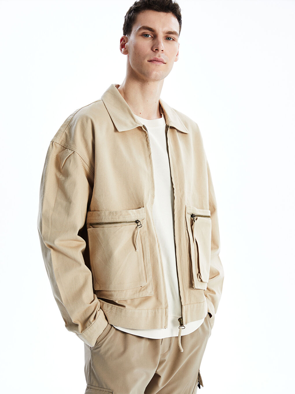 Bej Rahat Kalıp Uzun Kollu Gabardin Erkek Gömlek Ceket