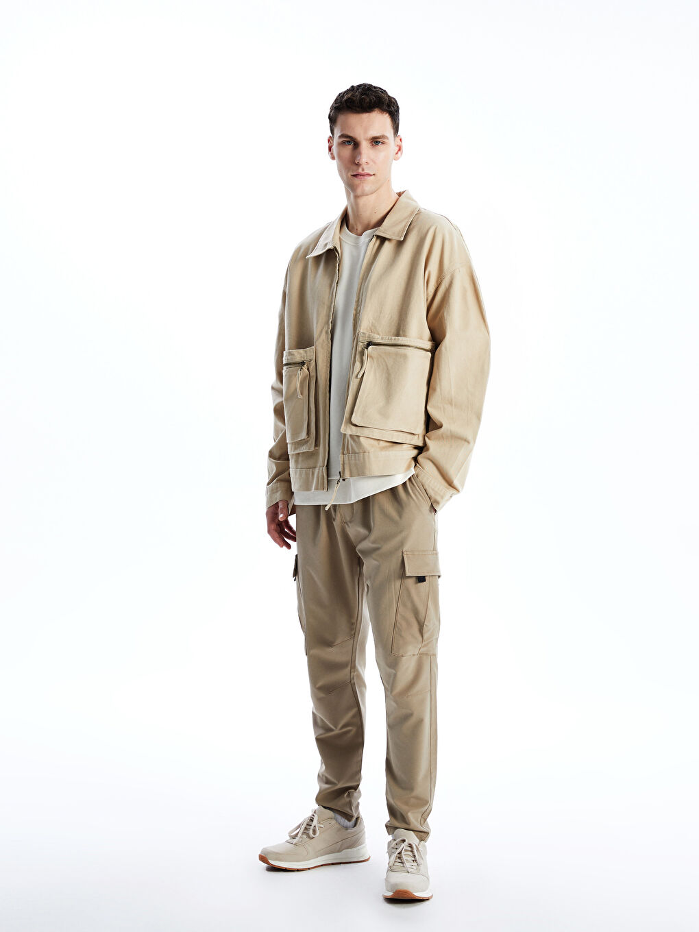 Bej Rahat Kalıp Uzun Kollu Gabardin Erkek Gömlek Ceket-1