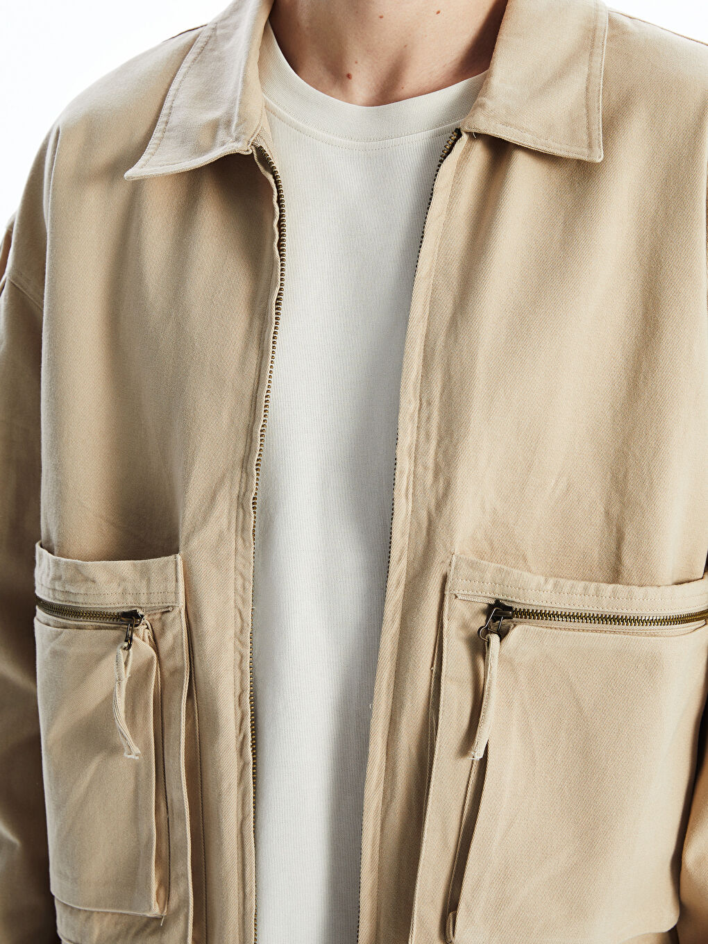 Bej Rahat Kalıp Uzun Kollu Gabardin Erkek Gömlek Ceket-3