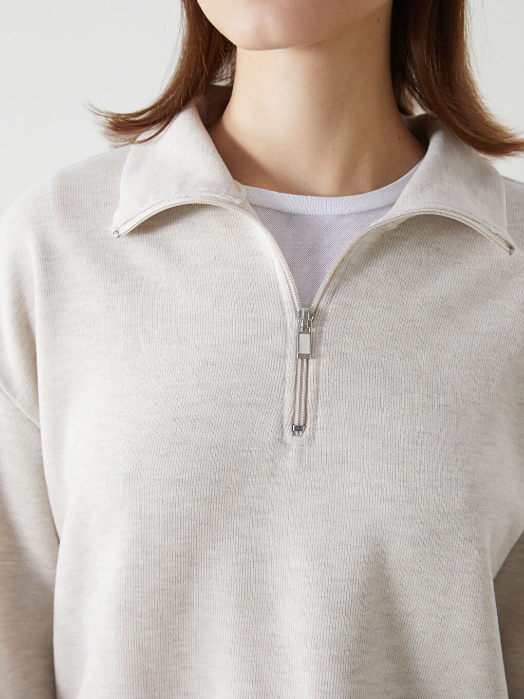 LCW Comfort Bej Dik Yaka Kadın Fermuarlı Sweatshirt - 2