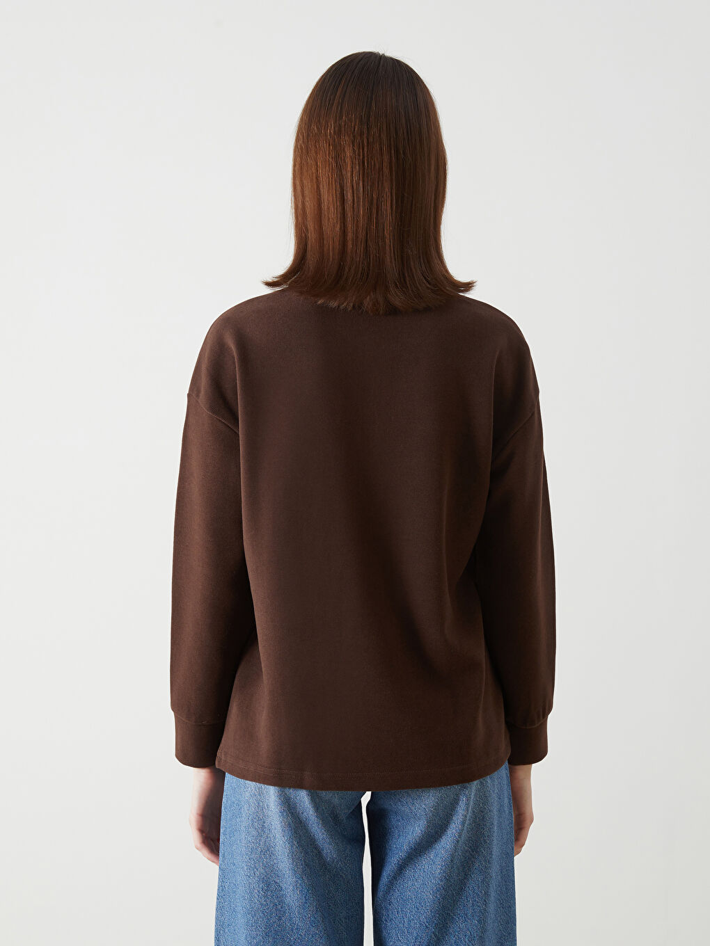 Kahverengi Dik Yaka Kadın Fermuarlı Sweatshirt-3