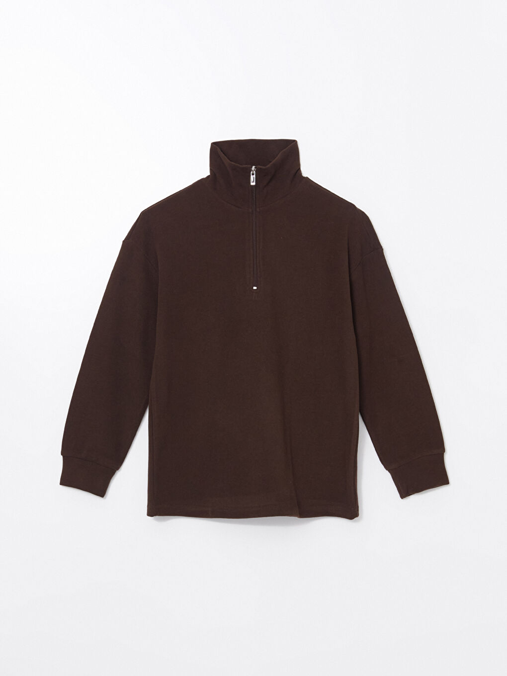 Kahverengi Dik Yaka Kadın Fermuarlı Sweatshirt-4