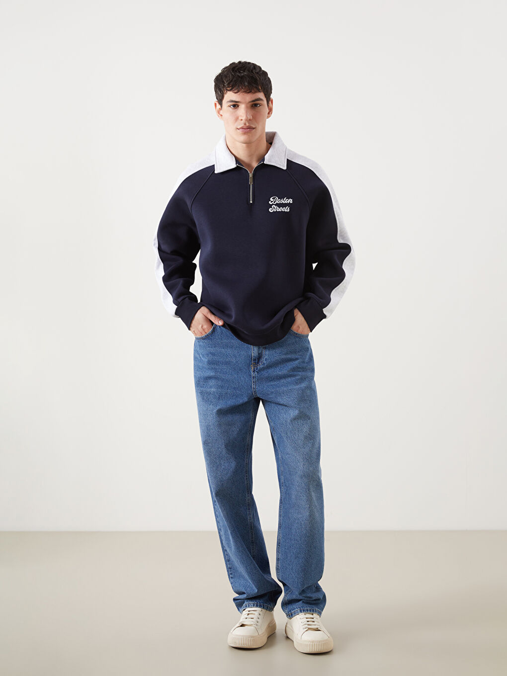 Lacivert Polo Yaka Uzun Kollu Erkek Kalın Sweatshirt-1