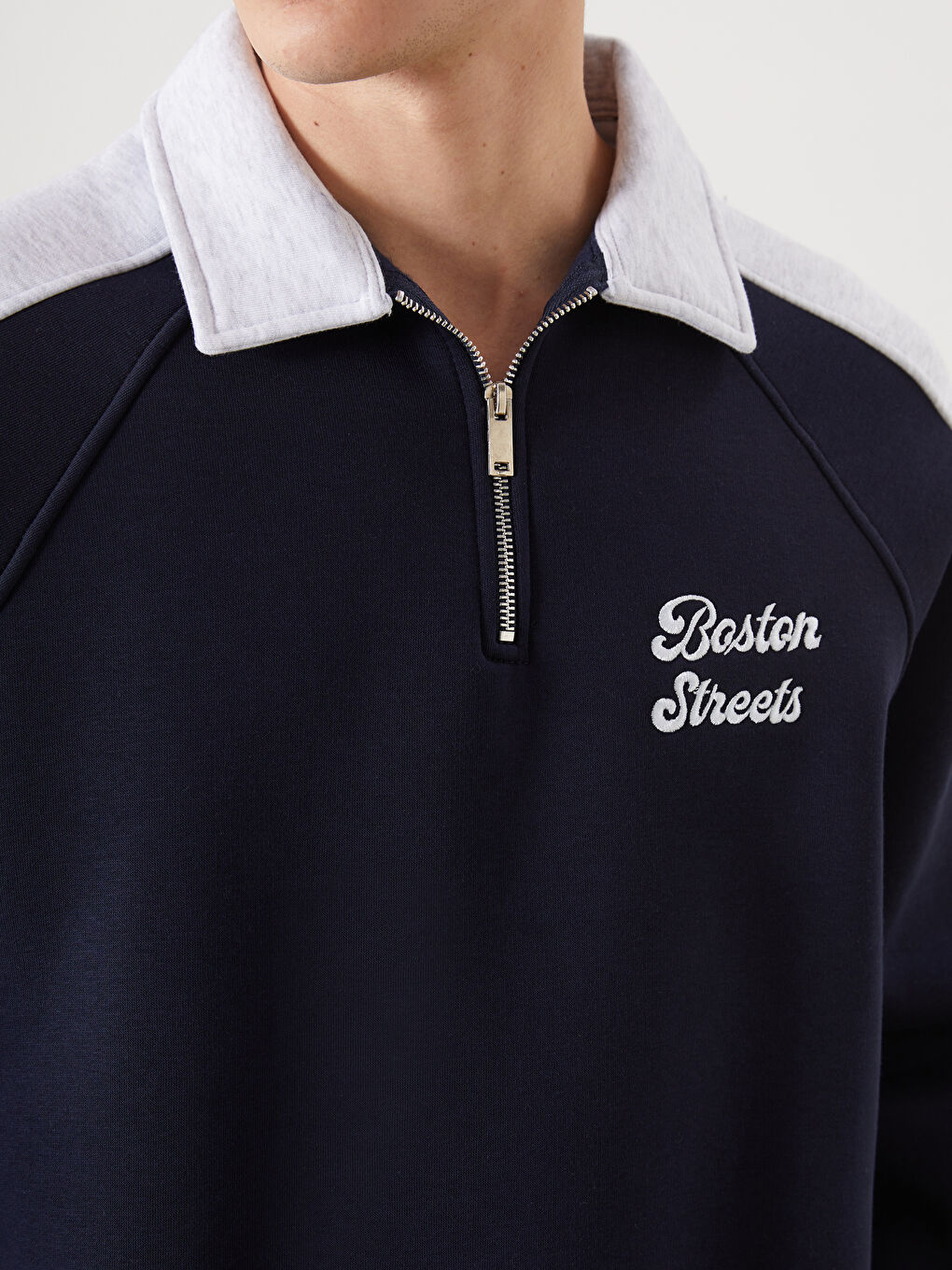 Lacivert Polo Yaka Uzun Kollu Erkek Kalın Sweatshirt-2