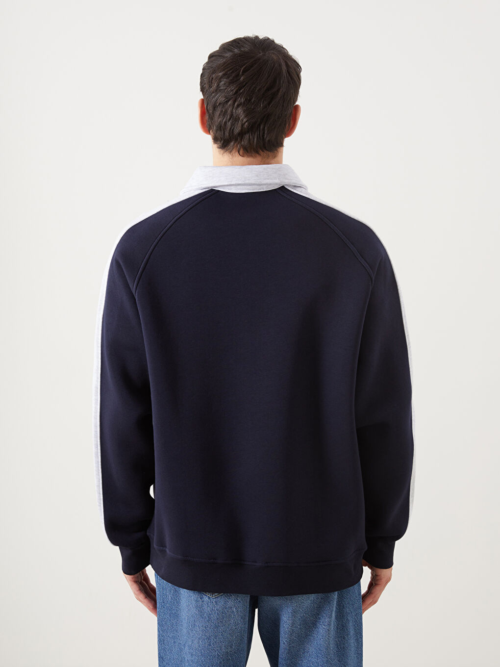 Lacivert Polo Yaka Uzun Kollu Erkek Kalın Sweatshirt-3