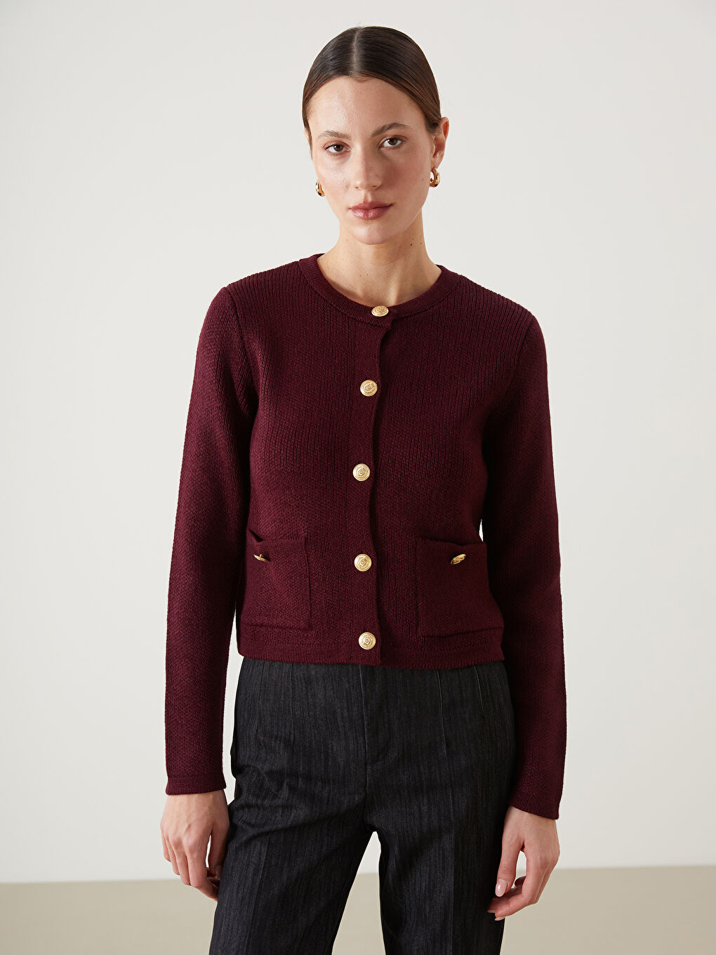 Bordo Bisiklet Yaka Kadın Triko Hırka