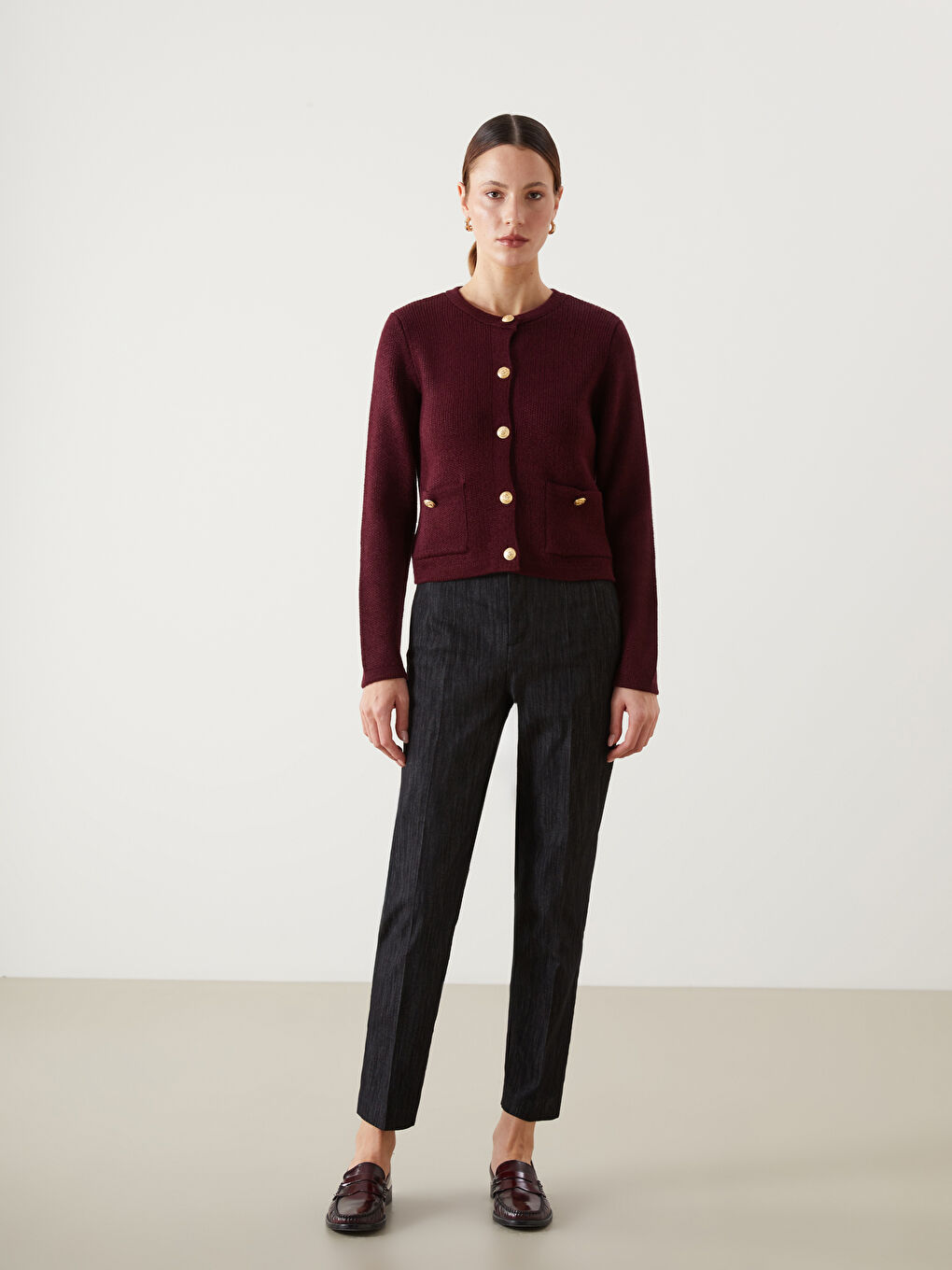 Bordo Bisiklet Yaka Kadın Triko Hırka-1