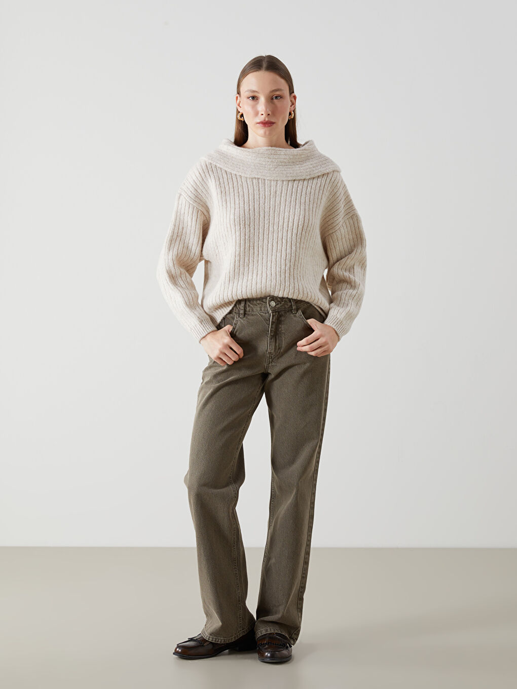 Ekru Kayık Yaka Kadın Triko Kazak-1