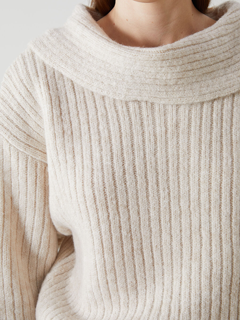 Ekru Kayık Yaka Kadın Triko Kazak-2