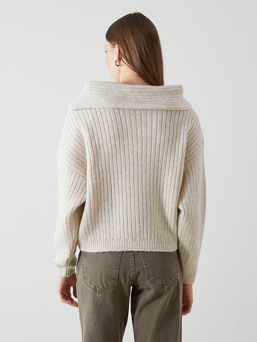 Ekru Kayık Yaka Kadın Triko Kazak-3