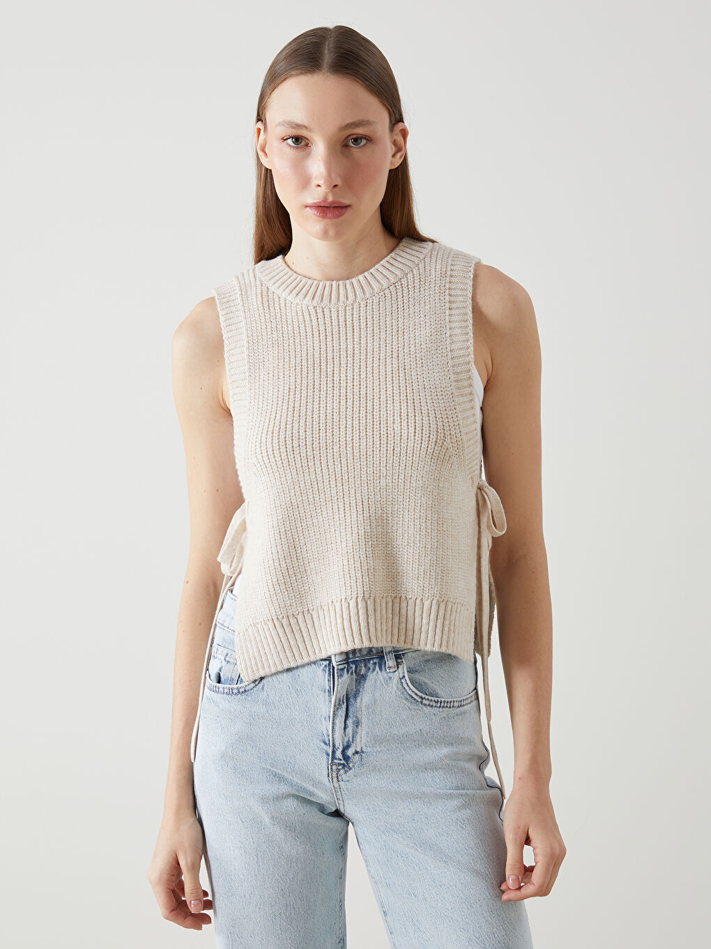 Ekru Bisiklet Yaka Kadın Triko Süveter