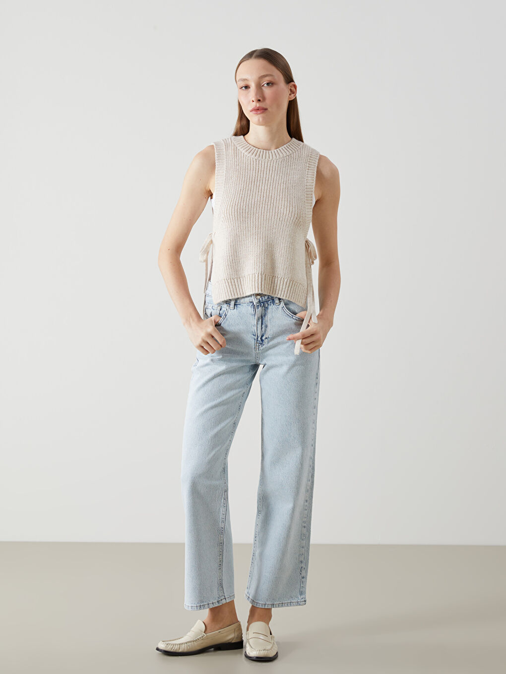 Ekru Bisiklet Yaka Kadın Triko Süveter-1