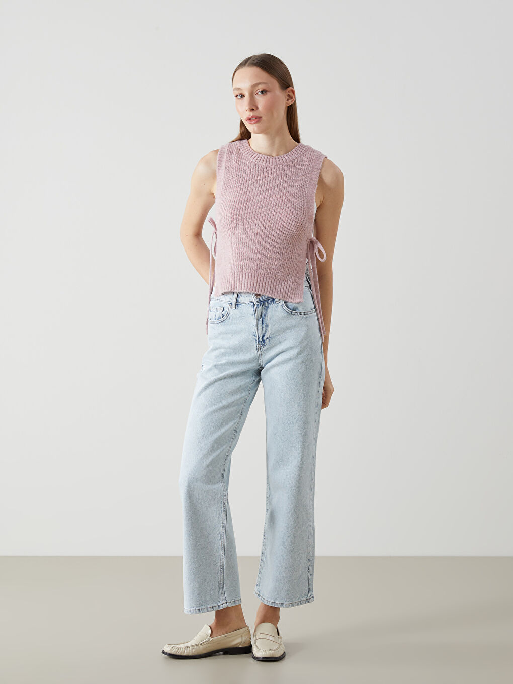 Pembe Bisiklet Yaka Kadın Triko Süveter-1