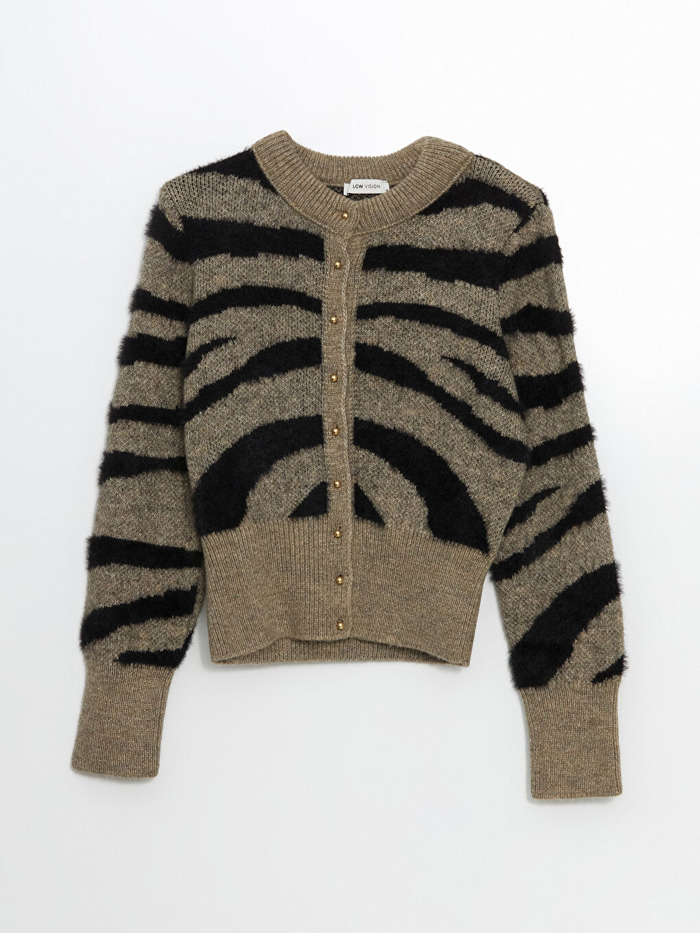 Bej Bisiklet Yaka Desenli Kadın Triko Hırka-4