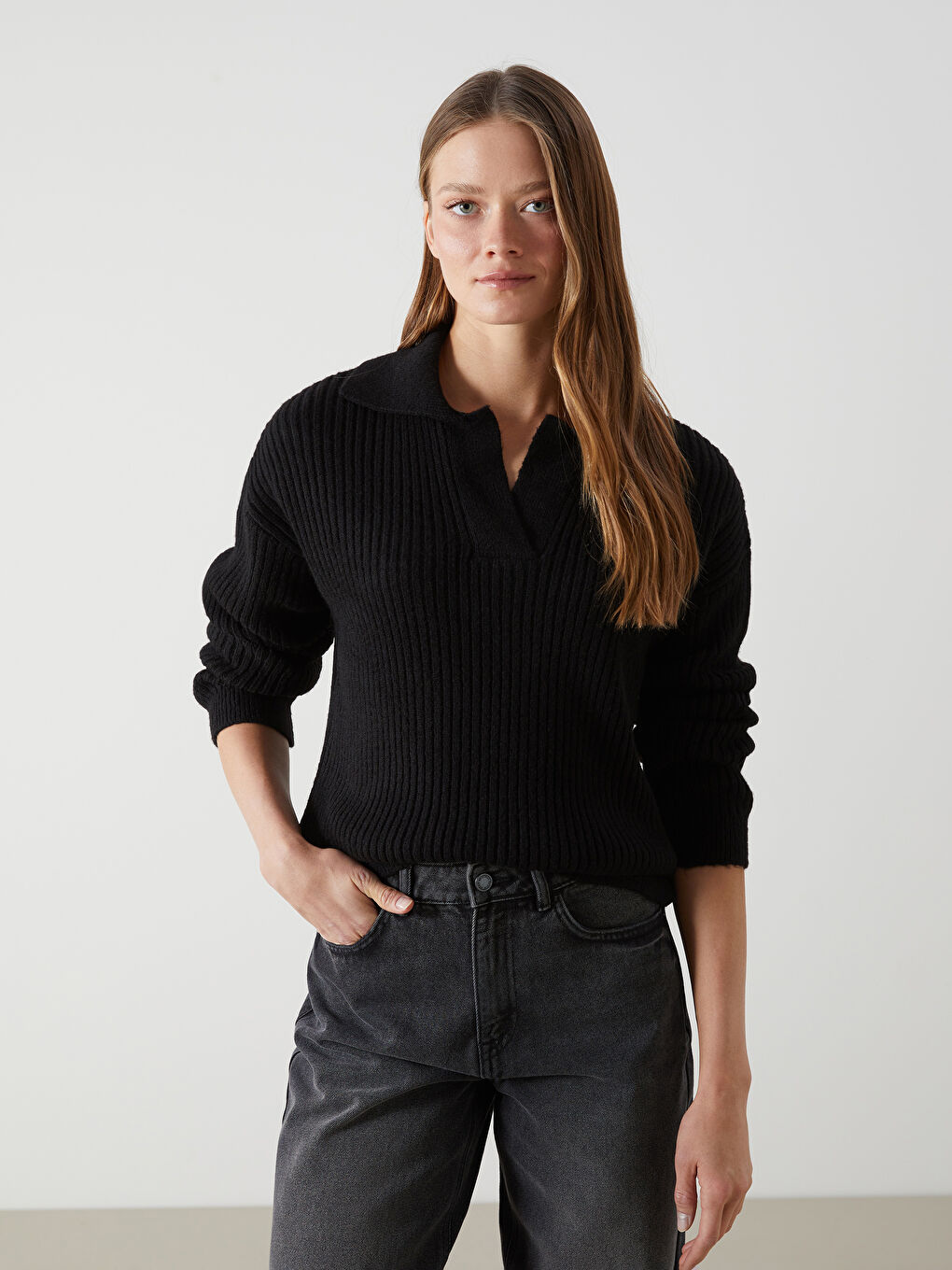 Polo Neck Regular Long Sleeve Women's Tricot Sweater -W4M392Z8-CVL