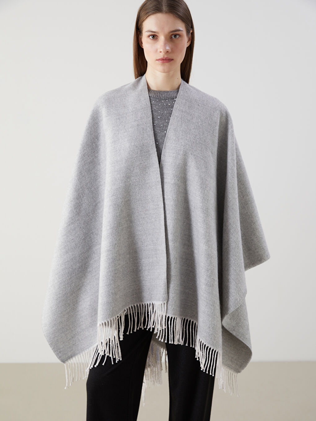 Fringe Detailed Women's Poncho Scarf -W4M397Z8-LAL