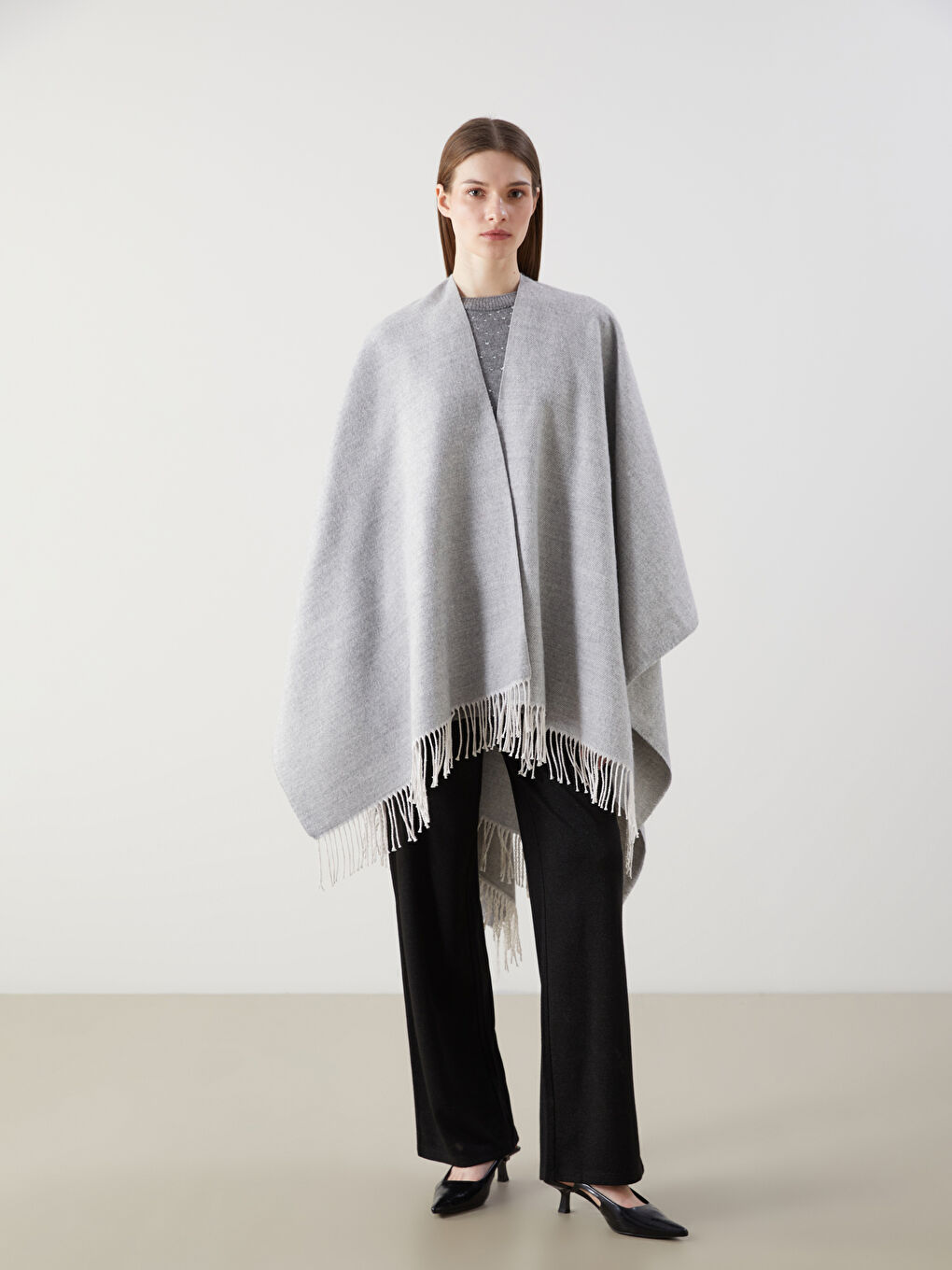 Fringe Detailed Women's Poncho Scarf -W4M397Z8-LAL