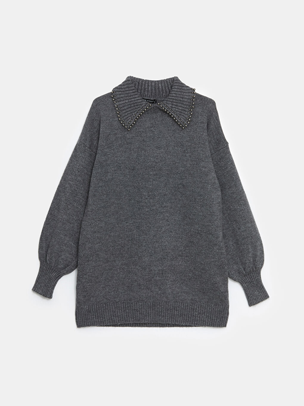 Gri Polo Yaka Boncuk Detaylı Kadın Triko Tunik-4