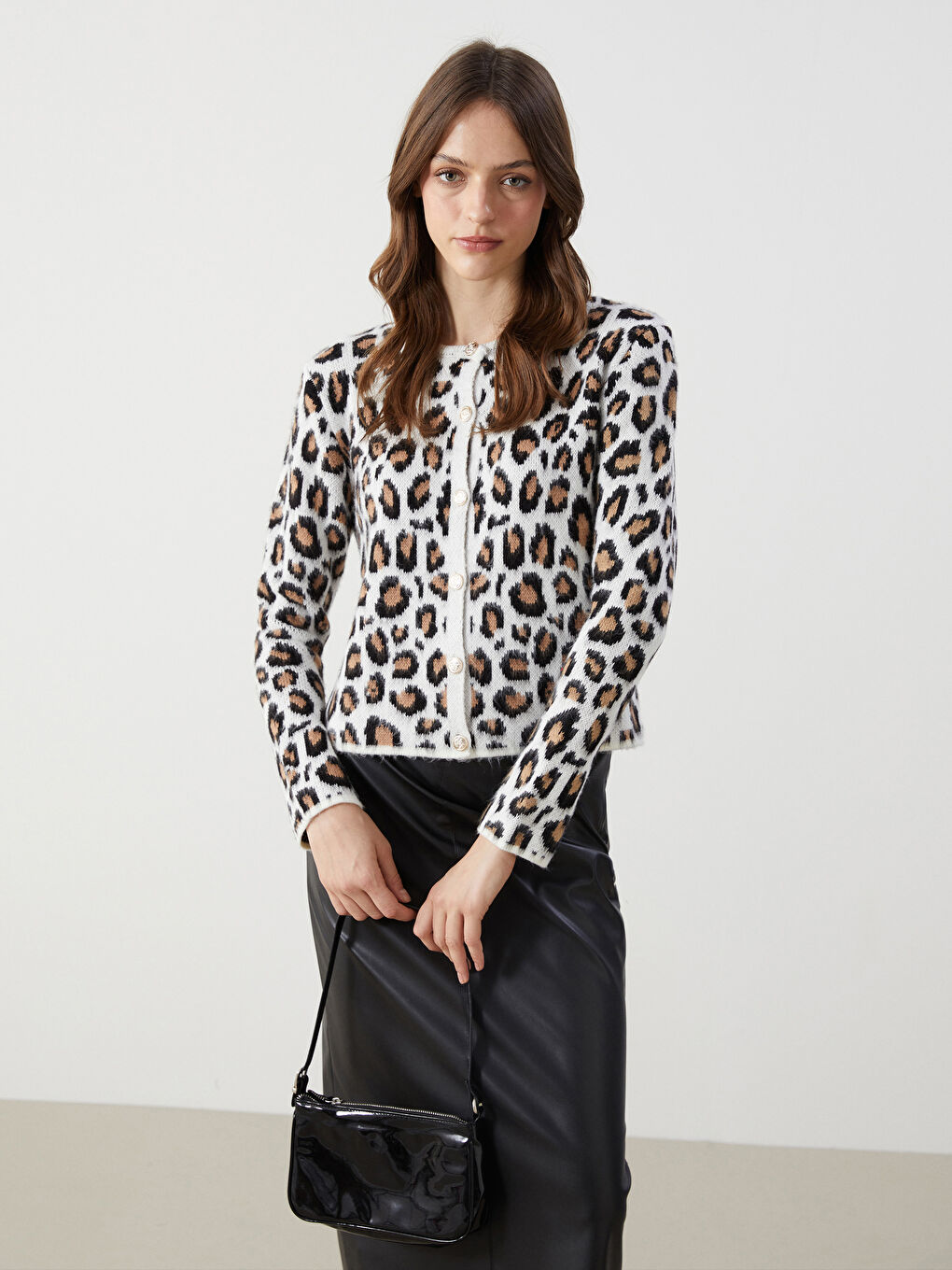 Crew Neck Leopard Print Women'S Knit Cardigan -W4M399Z8-MHR