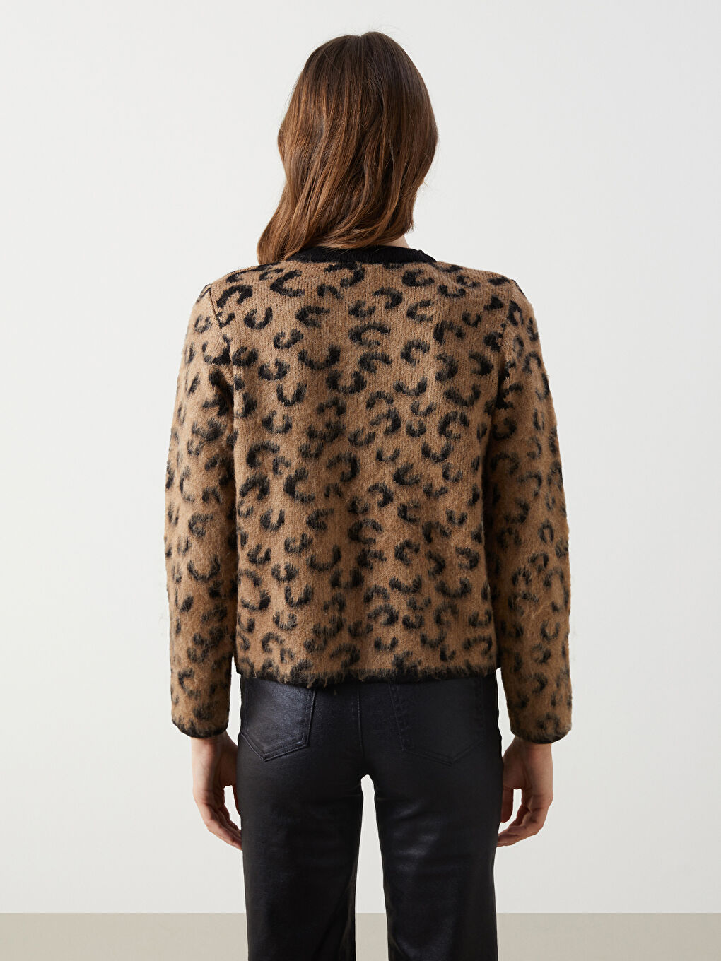 Crew Neck Leopard Print Women's Knitwear Cardigan -W4M400Z8-MJD