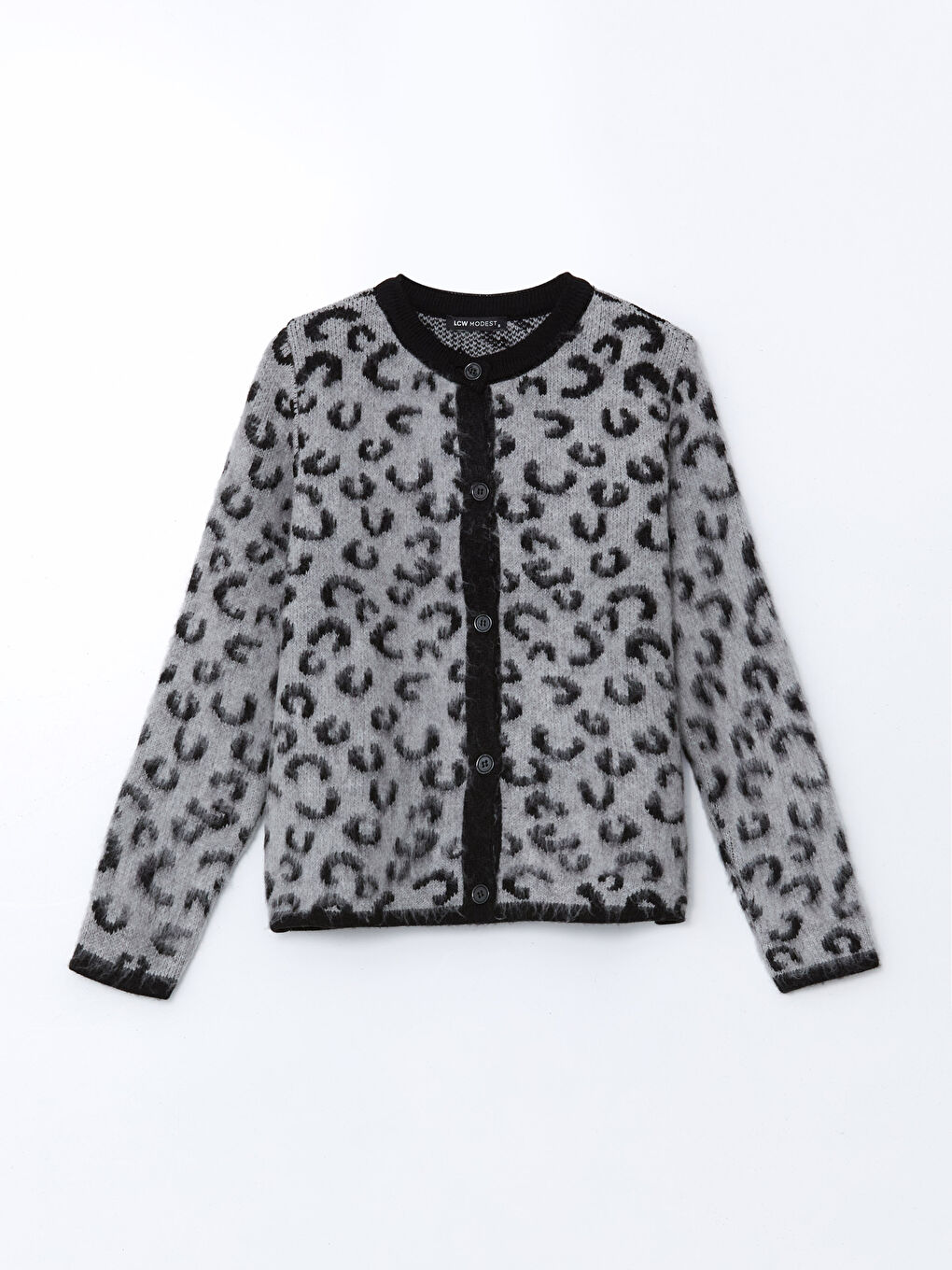 LCW Modest Crew Neck Leopard Print Women's Knitwear Cardigan -W4M400Z8-MKJ