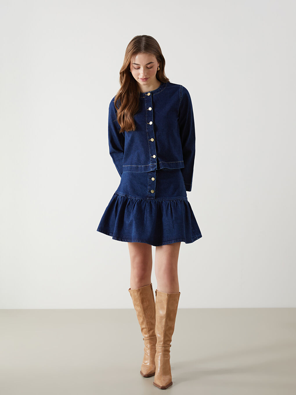 Lacivert Bisiklet Yaka Kadın Jean Ceket-1