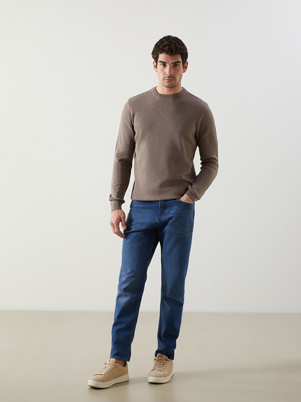 Bej Bisiklet Yaka Erkek Triko Kazak-1