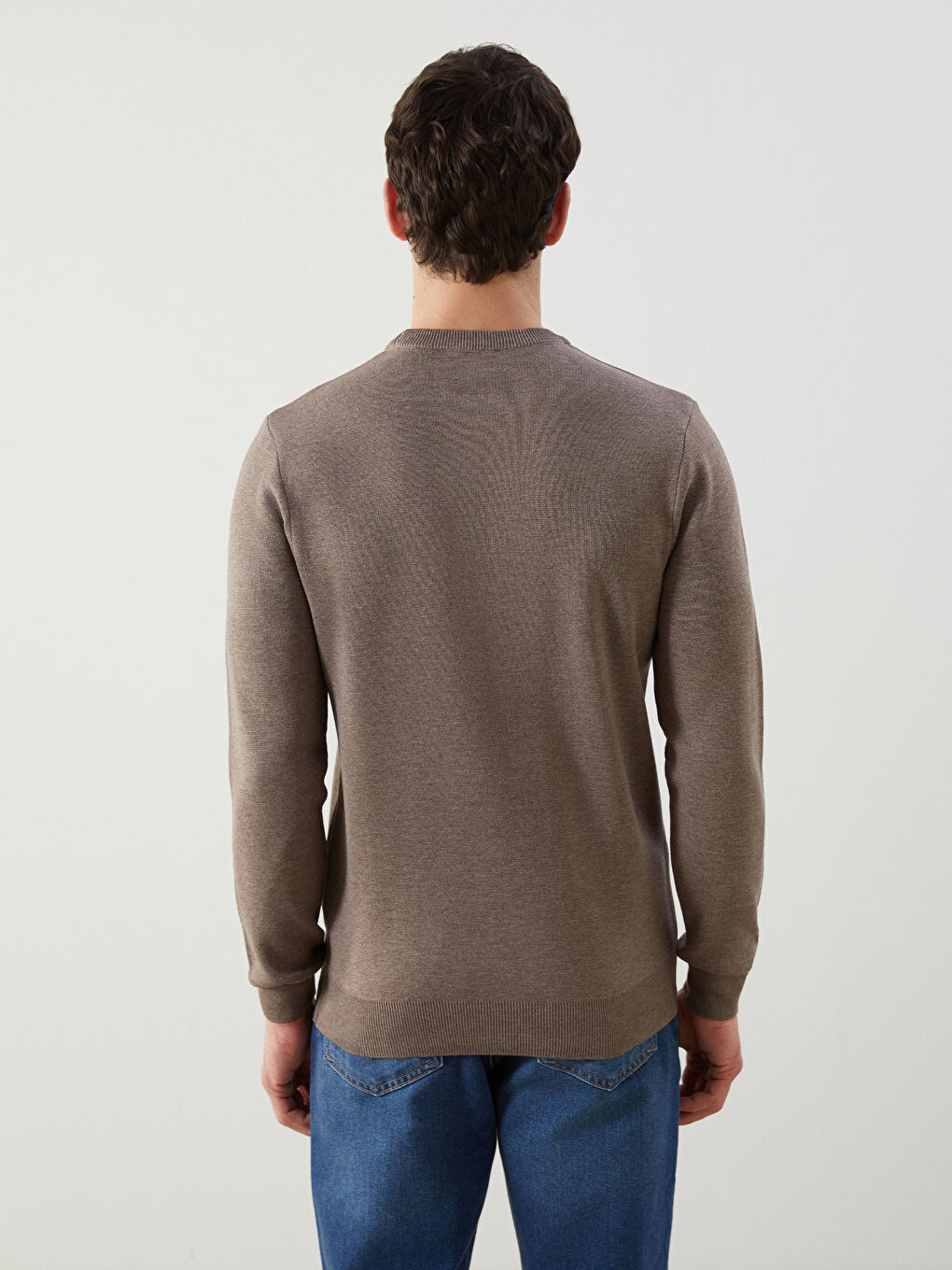 Bej Bisiklet Yaka Erkek Triko Kazak-3