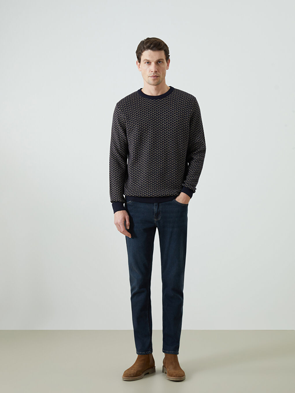 Lacivert Bisiklet Yaka Uzun Kollu Desenli Erkek Triko Kazak-1