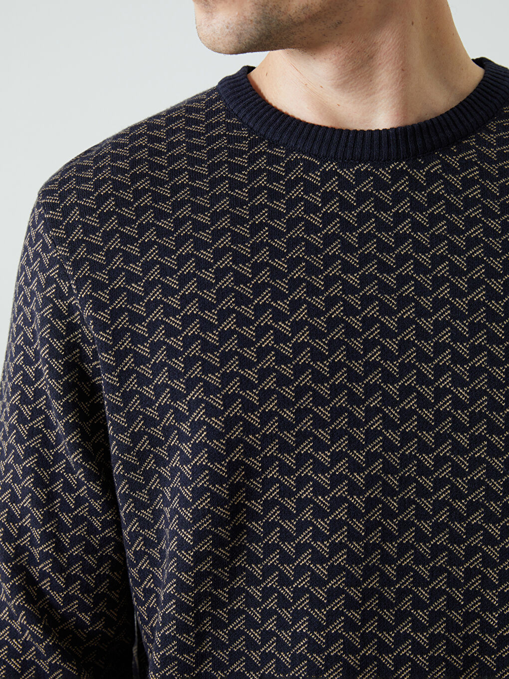 Lacivert Bisiklet Yaka Uzun Kollu Desenli Erkek Triko Kazak-2