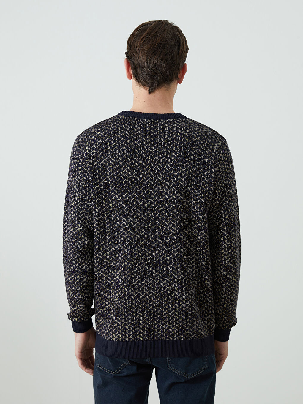 Lacivert Bisiklet Yaka Uzun Kollu Desenli Erkek Triko Kazak-3