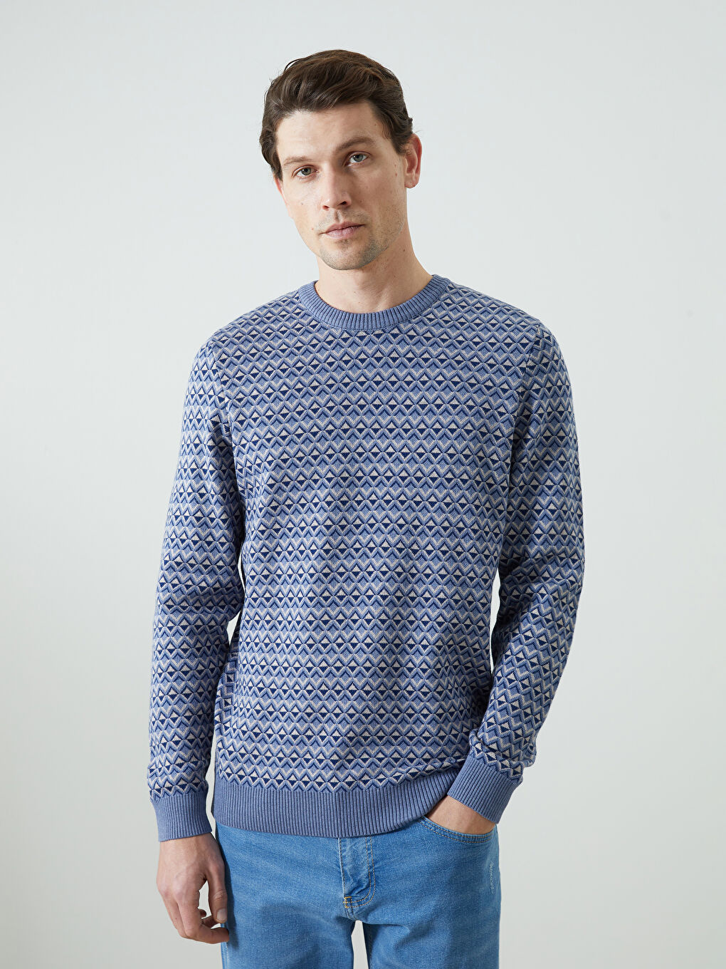 İndigo Bisiklet Yaka Uzun Kollu Desenli Erkek Triko Kazak