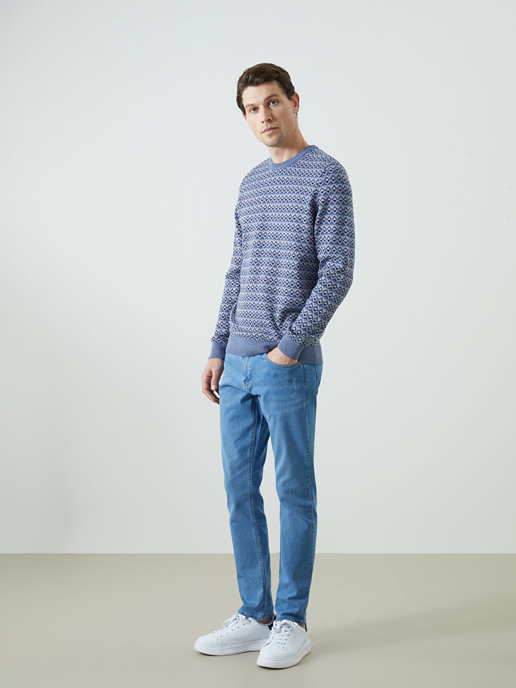 İndigo Bisiklet Yaka Uzun Kollu Desenli Erkek Triko Kazak-1