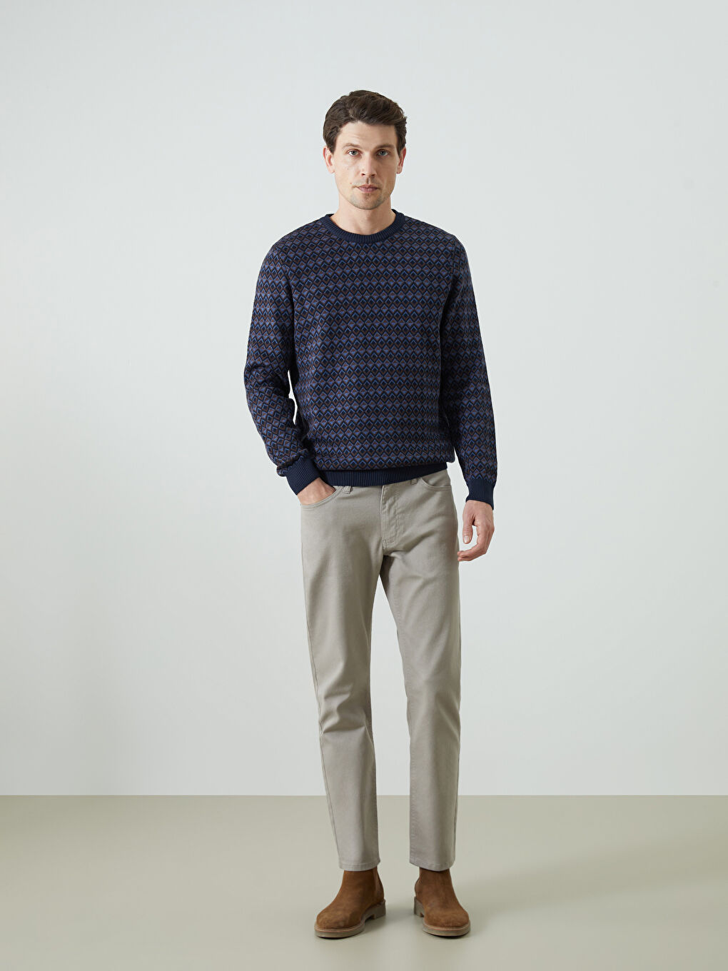 Lacivert Bisiklet Yaka Uzun Kollu Desenli Erkek Triko Kazak-1