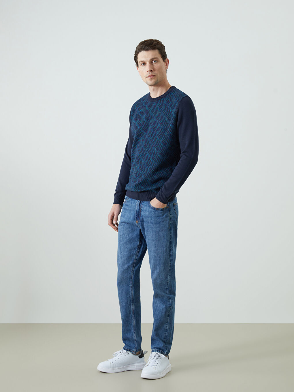 Lacivert Bisiklet Yaka Uzun Kollu Desenli Erkek Triko Kazak-1