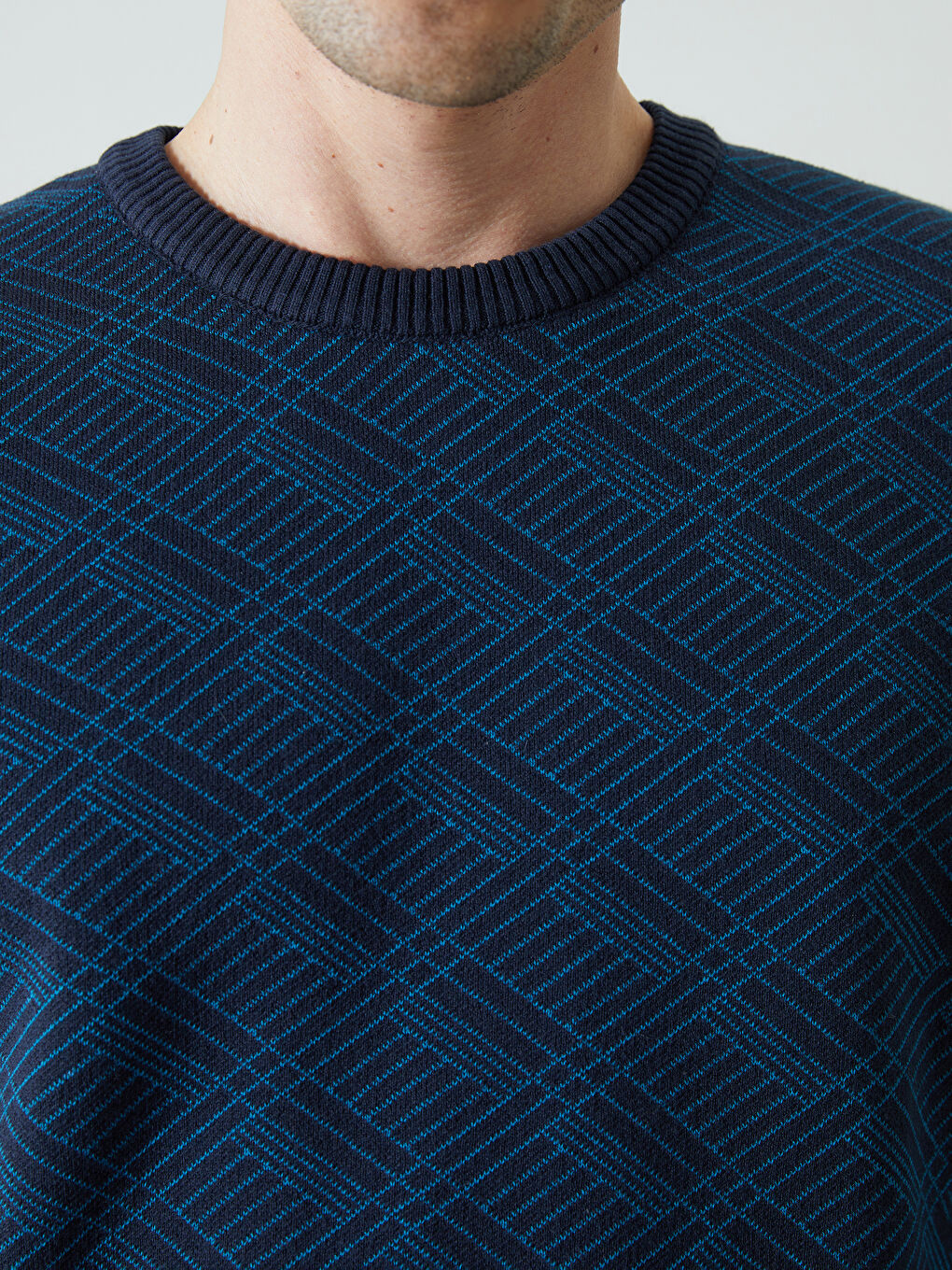 Lacivert Bisiklet Yaka Uzun Kollu Desenli Erkek Triko Kazak-2