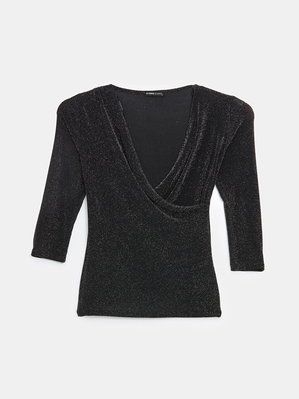 Siyah Kruvaze Yaka Parlak Görünümlü Bluz-4