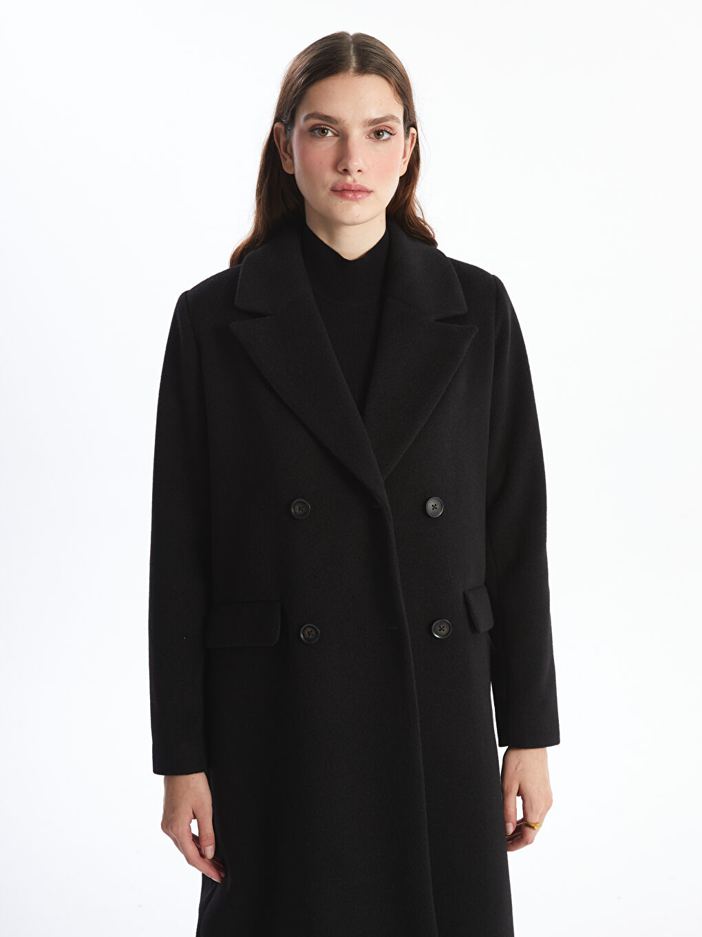 Siyah Ceket Yaka Kadın Kaşe Kaban-3