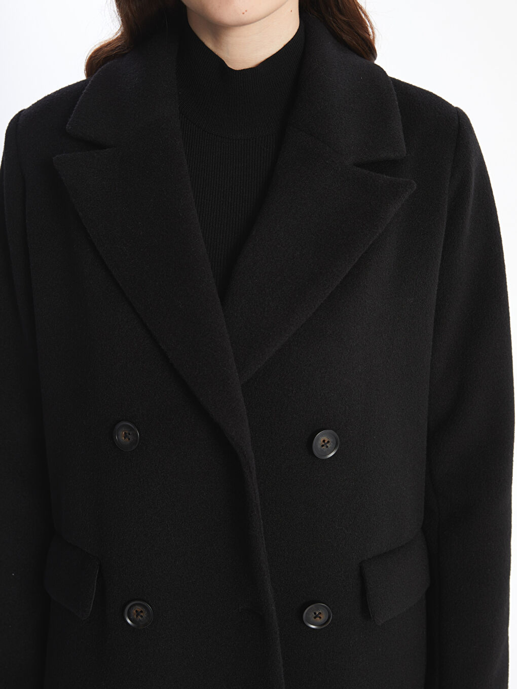 Siyah Ceket Yaka Kadın Kaşe Kaban-5