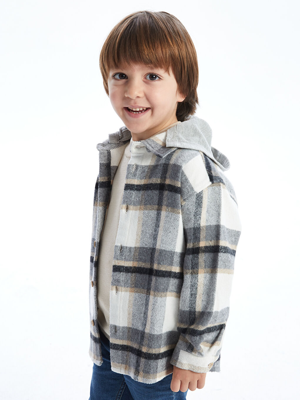 Bej Kapüşonlu Ekose Erkek Çocuk Oduncu Gömlek