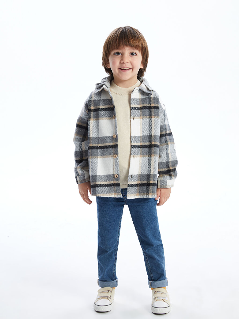 Bej Kapüşonlu Ekose Erkek Çocuk Oduncu Gömlek-1