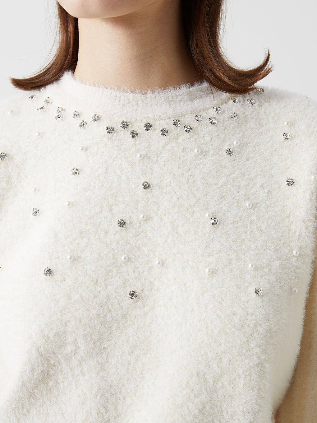 Ekru Bisiklet Yaka Taşlı Kadın Triko Kazak-2