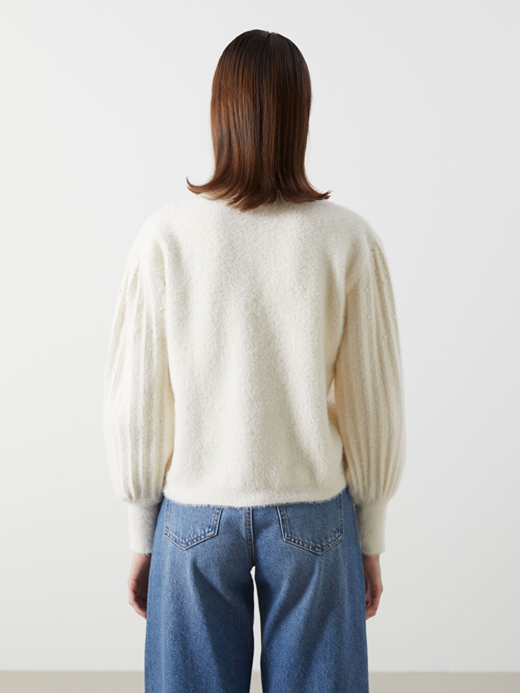 Ekru Bisiklet Yaka Taşlı Kadın Triko Kazak-3