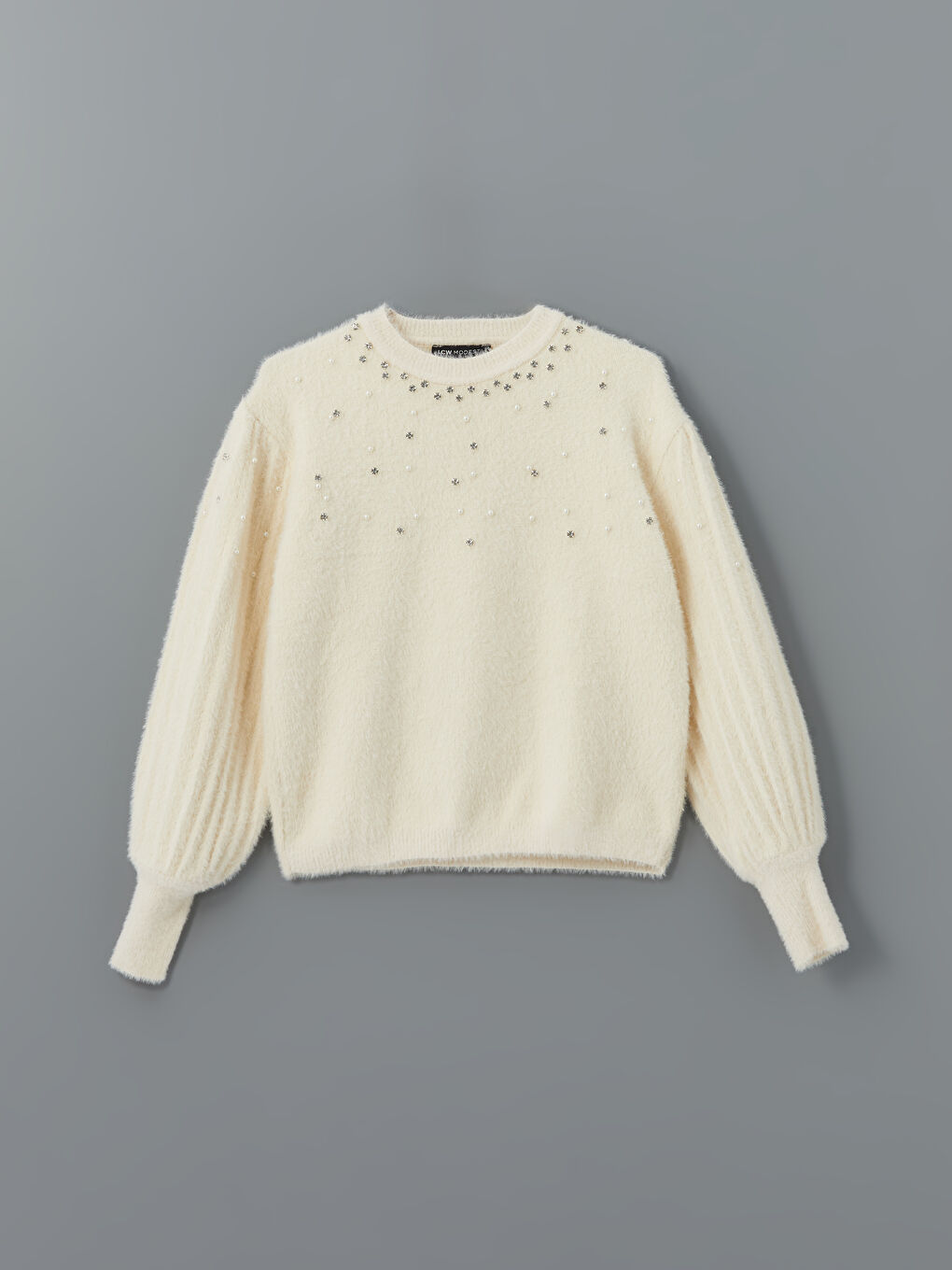 Ekru Bisiklet Yaka Taşlı Kadın Triko Kazak-4