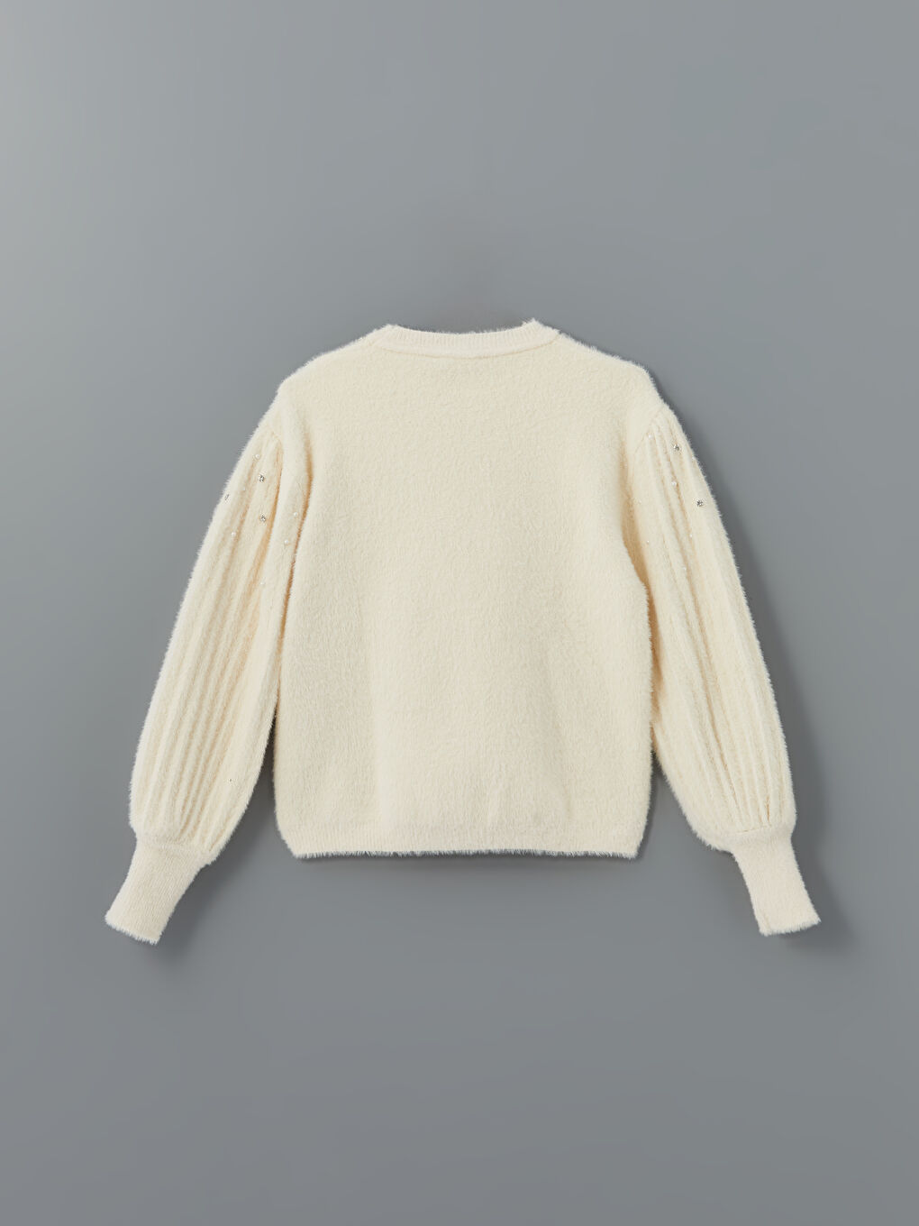 Ekru Bisiklet Yaka Taşlı Kadın Triko Kazak-5